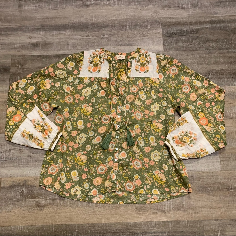 Elan Monterey Jade Green Floral Print Boho Cottagecore Peasant Top  Size Medium - Picture 2 of 4